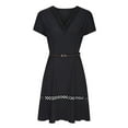 thumbnail image 3 of QUYUON Midi Dresses for Women Casual Summer Hollow Out V-Neck Short Sleeve Belted Dress Solid Color Pleated A-Line Wedding Guest Evening Party Mid-Length Dress Style D-1780 Black XXL, 3 of 6