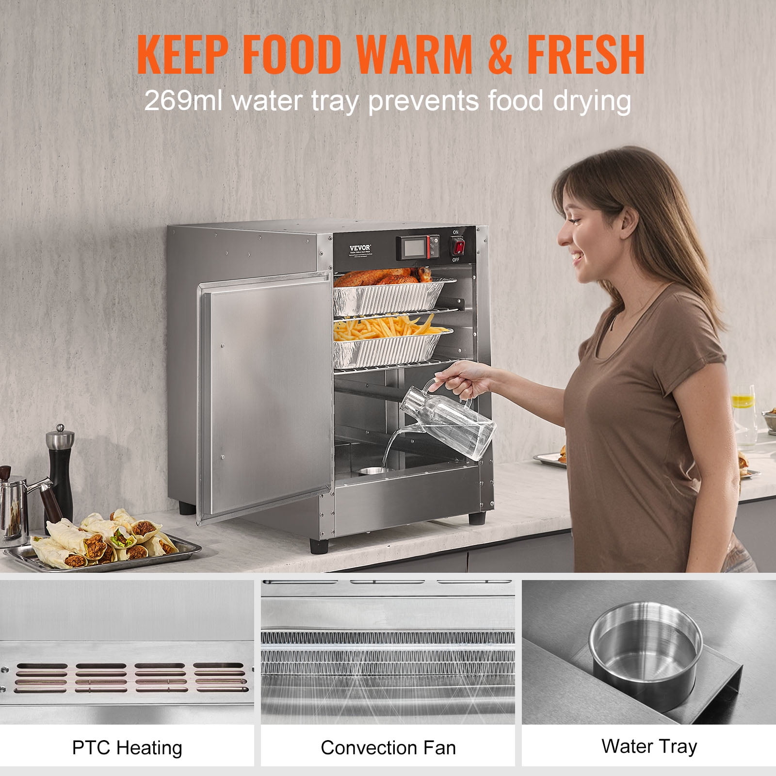 VEVOR Hot Box Food Warmer, 4-Tier Concession Warmer with Water Tray, 4 Pans, Single-door and Adjustable Shelves, Stainless Steel Food Warmer Cabinet, Ideal for Storing Pizza, Chicken, Restaurant