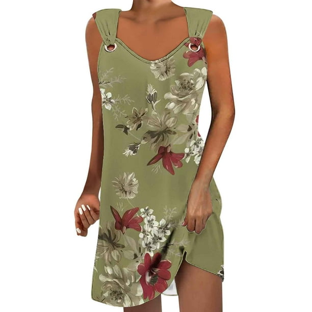Vestido de Verano para las Mujeres Impreso sin Mangas Cuello en V, Fluido Casual Y Moda Vestido sin Mangas para las Mujeres