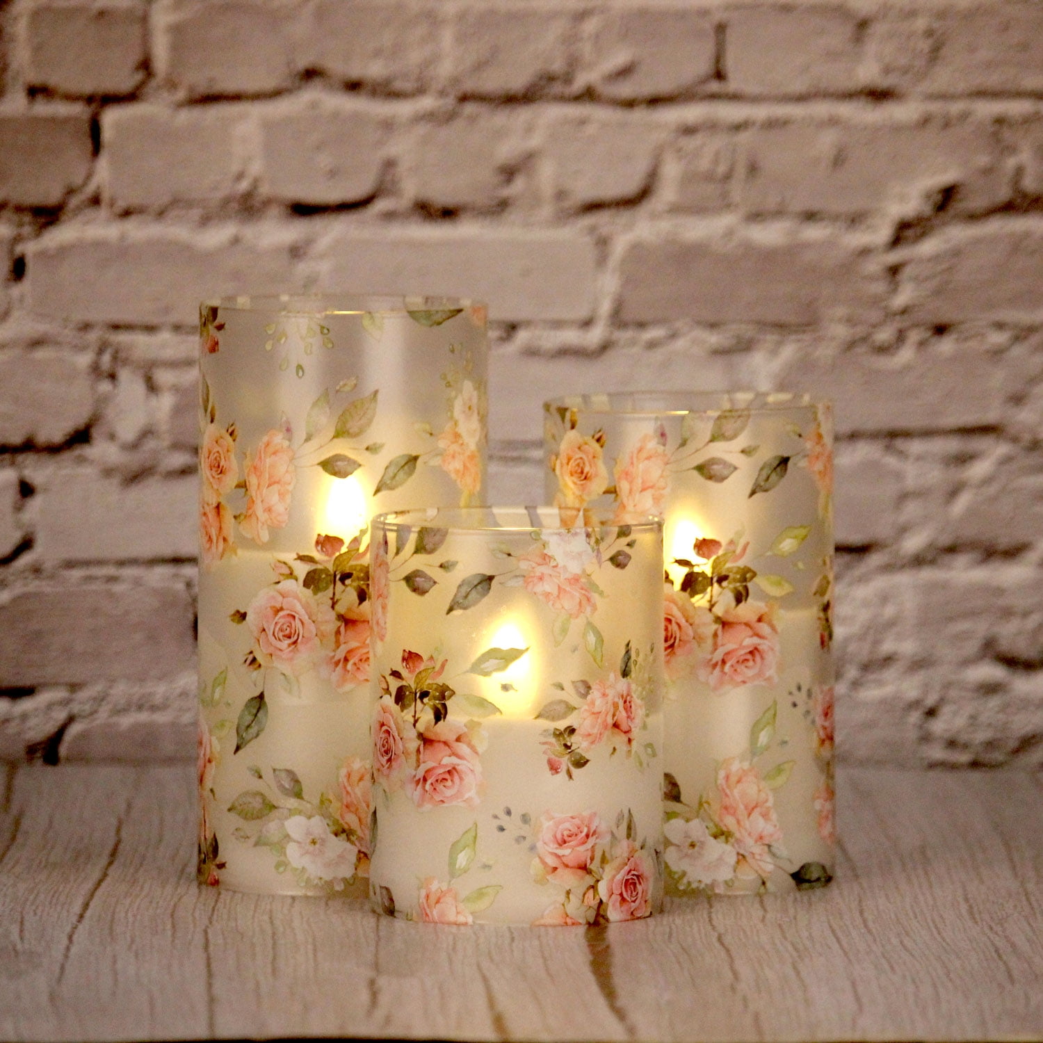 Meltone Rose LED Flameless Candles Battery Operated, Real Wax Glass LED Pillar with Remote Control, 3pcs Candle Set 3''x4''/5''/6''