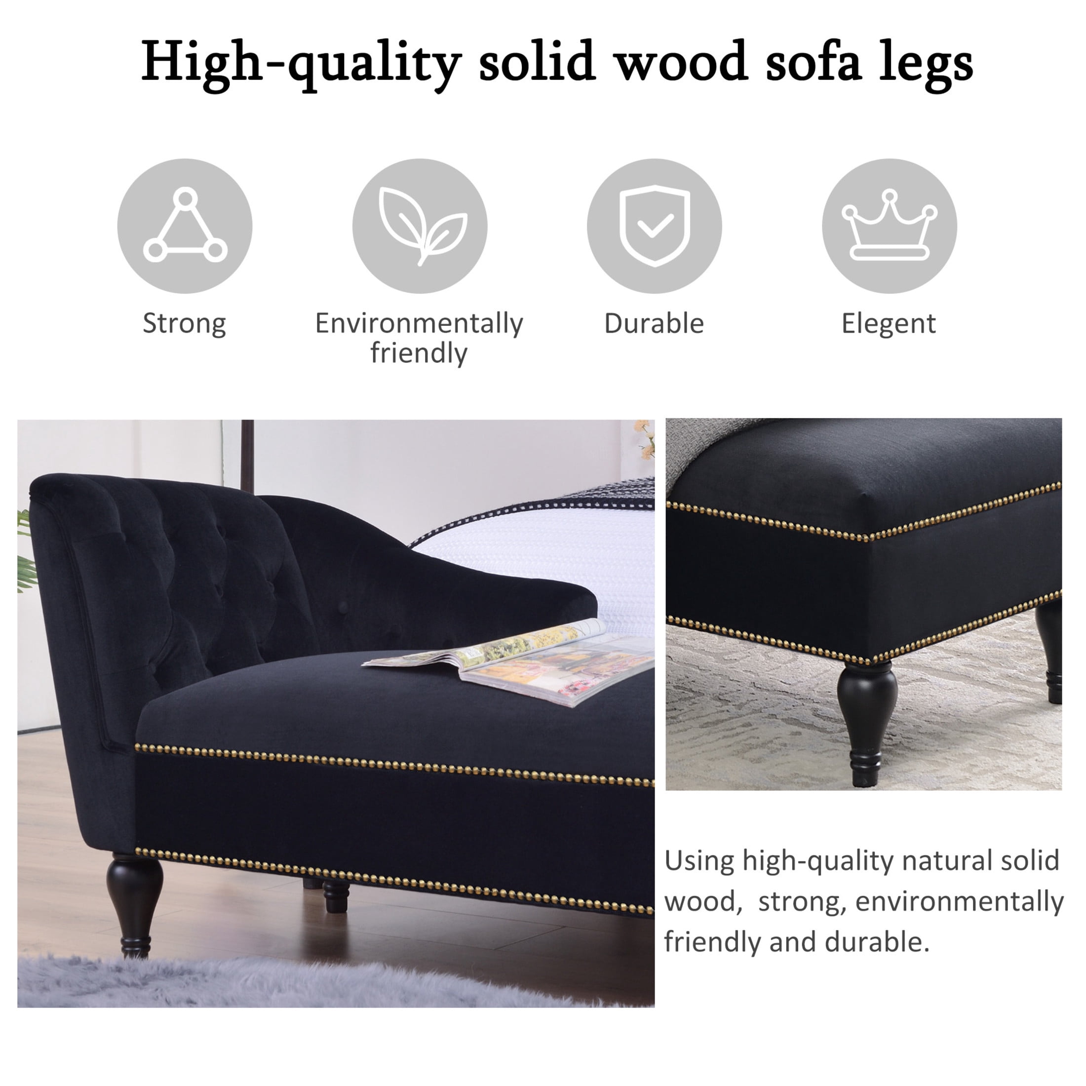 Noble House 58" Right-Arm Facing Velvet Chaise Lounge with Button Tufting and Nailhead Trim, Sleeper Lounge Sofa, Black
