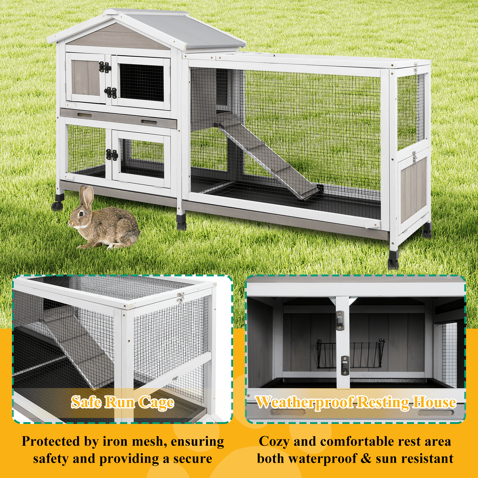 PETSCOSSET Small Animal Hutch, Indoor Outdoor Safe &Durable All-Climate Rabbit Hutch, Fir Wood Cage with Wheels
