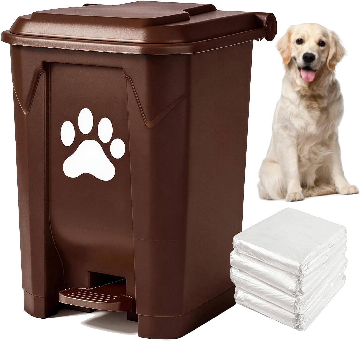 Dog Poop Trash Can Outdoors Pet Waste Station with Lid Dog Waste Disposal Container with Removable Inner Bin Bucket Hands-Free Pedal Garden Yard Home with 5Rolls Waste Bags, Grey