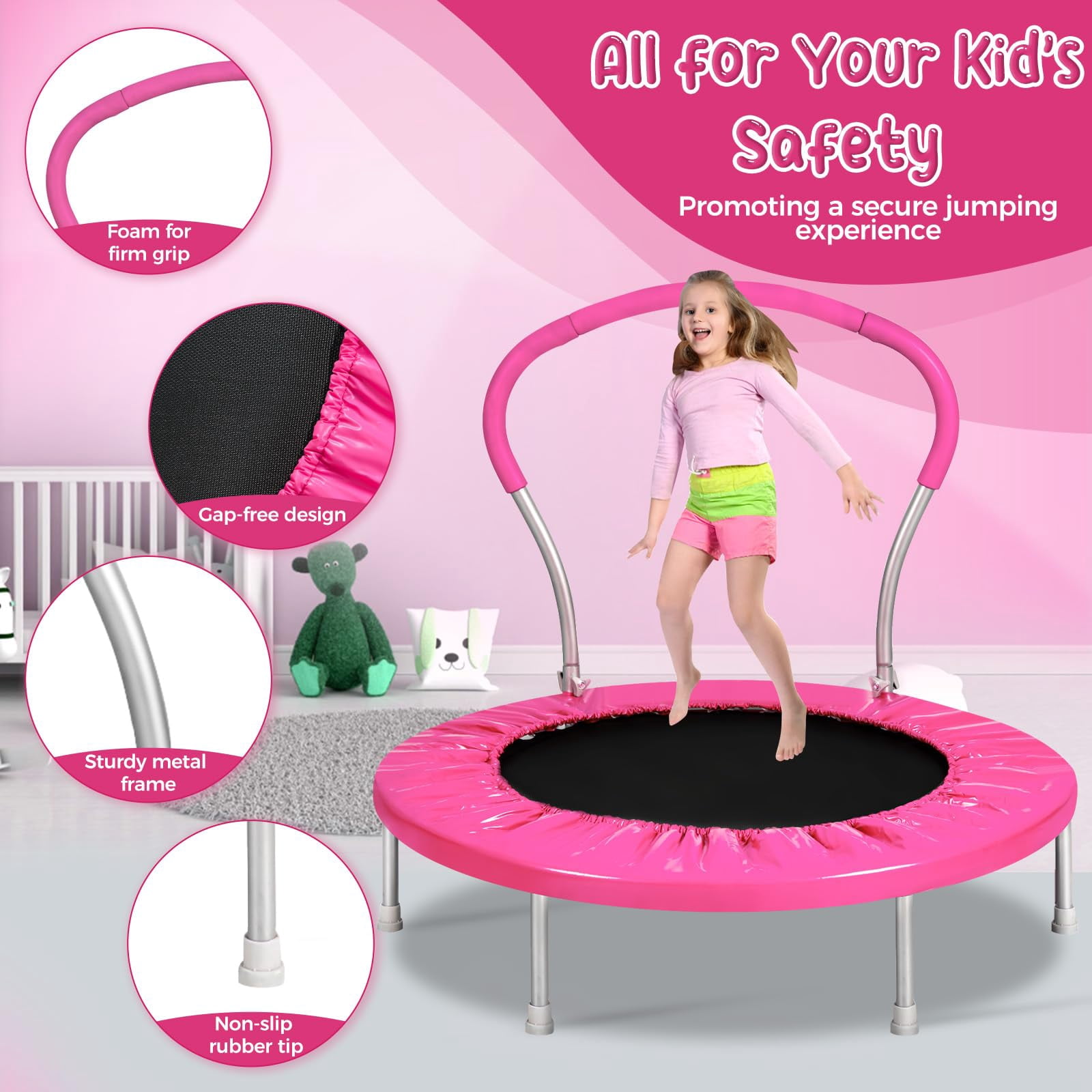 JOYFULIN 36" Trampoline for Kids, Mini Indoor/Outdoor Toddler Trampoline with Handle, Small Rebounder, Fitness Gift for Baby, Girls, Boys, Pink