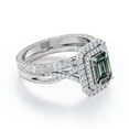 thumbnail image 3 of JeenMata 2 Carat Emerald Cut Lab Grown Alexandrite and Moissanite - Edwardian Design - Double Halo Infinity Wedding Set - 18K White Gold Plating over Silver, 3 of 6
