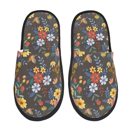 Balery Colorful Flowers with Butterfly Slient Indoor Furry Fleece Comfort House Shoes Soft Non-Slip Home Shoes Cotton slippers House Slippers-- Large