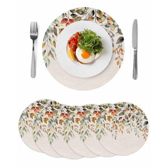 Orange Green Eucalyptus Leaves Round 13 Inch Placemats Set of 6, Fall Botanical Rustic HeatResistant Non Slip Place Mats for Dining Table, Wipeable Braided Kitchen Table Mats for Housewarming