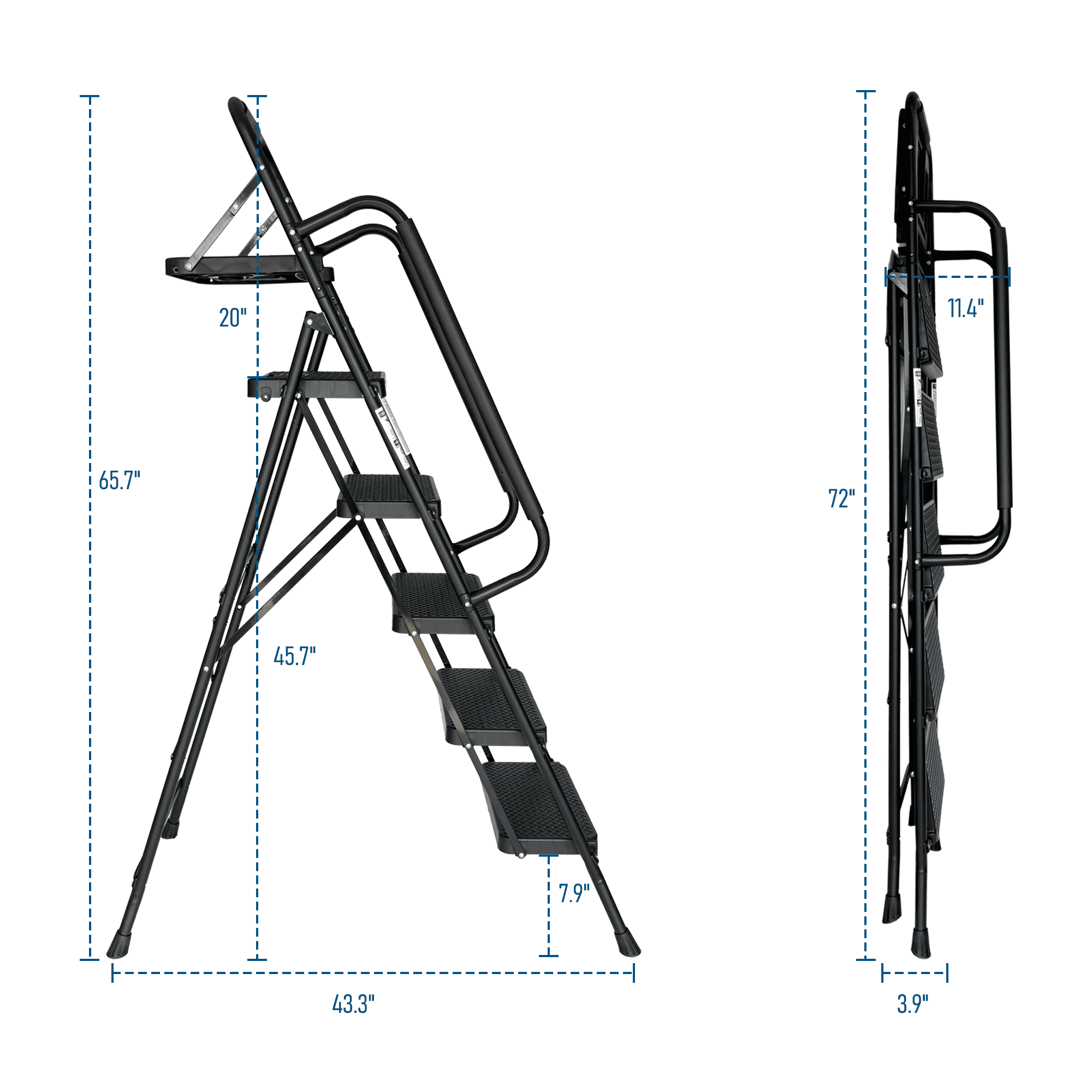Step Ladder, Folding Step Stool with Wide Anti-Slip Pedal, Sturdy Steel Ladder, Convenient Handrail, Lightweight, Portable Steel Step Stool