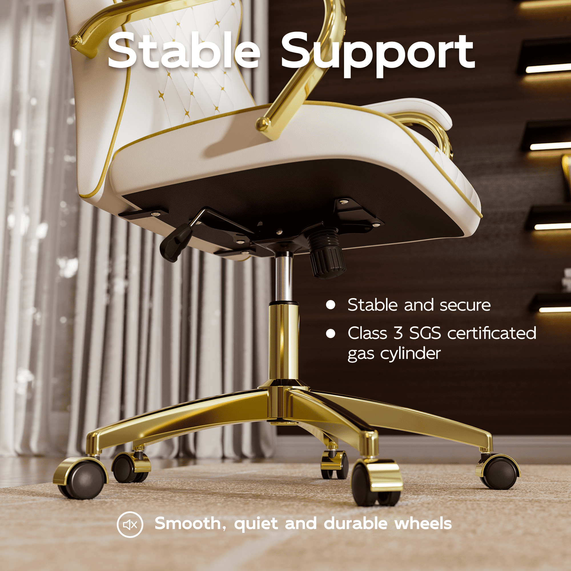 White and Gold Office Chair with Soft Leather Embroidery, Mid Back Vintage Swivel Executive Desk Chair with Wheels and Padded Arms, Adjustable Height