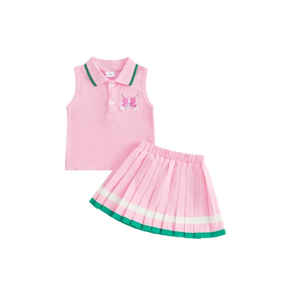 BemeyourBBs Toddler Baby Girl Golf Outfit Infant Baby Girl Summer Clothes Ribbed Sleeveless Half Button-up Collared Veast Tank Tops and Pleated Skirts Set Toddler Girls 2 Piece Summer Outfit