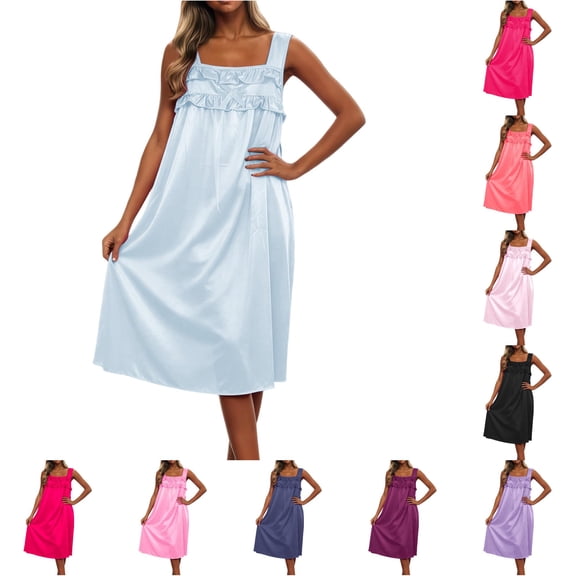 ZHOGXU Summer Dresses For Women Sleeveless Spaghetti Strap Solid Color Lace Midi Length Loose Fit Nightdress For Everyday Wear,Light Blue,One Size