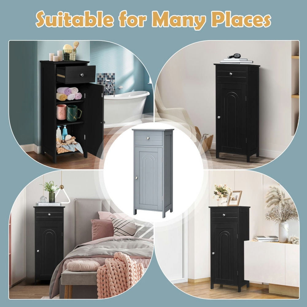 Finihen Storage Cabinet, Floor Cabinet, Wooden Storage Free-Standing Floor Cabinet with Drawer and Shelf, for Bathroom, Living Room, Bedroom, Kitchen, Black