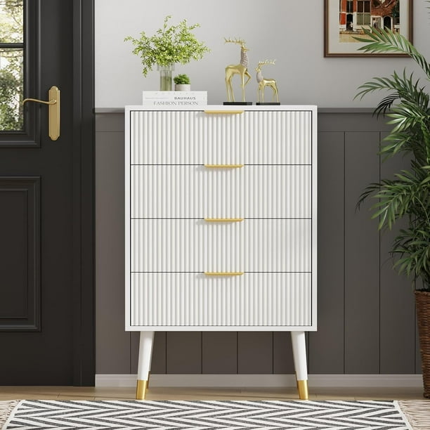 QinaQin Cómoda moderna de 4 cajones con jaladeras y patas doradas, mueble organizador para recámara, sala, pasillo o recibidor, estilo elegante y funcional