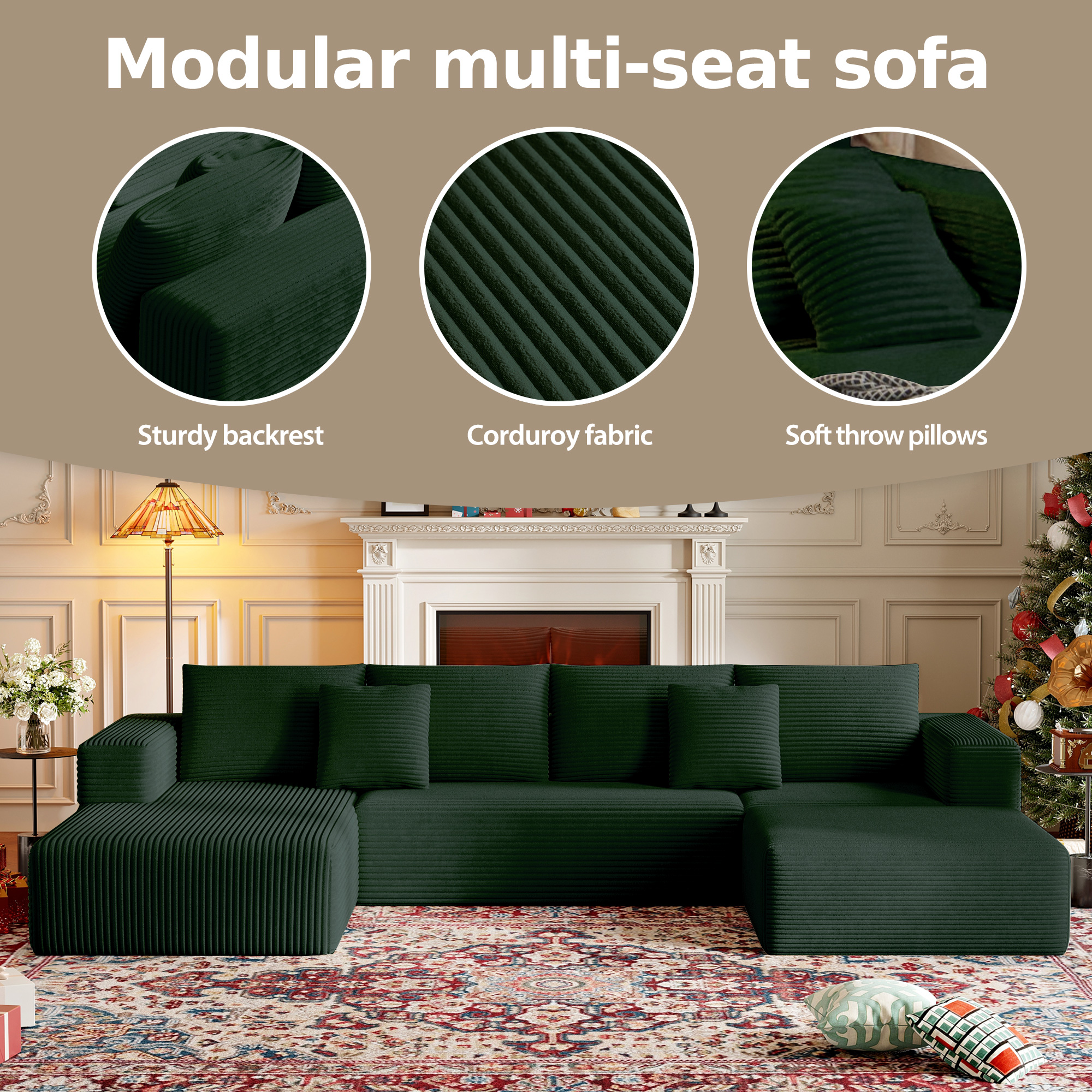 DILORA Large Sectional Cloud Couch,U-Shaped Sofa(Green),Modular And Compressed,Three Packages,134 Inches