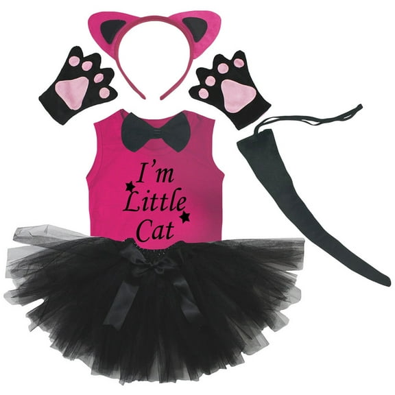 Petitebelle Cat Headband Bowtie Tail Gloves Tutu Shirt 6pc Costume (Hot Pink/Black, 3-4 Years)
