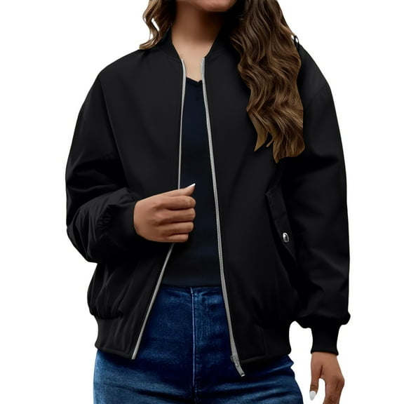 Bomber Jacket Women, Yigetop Women's Solid Color Loose Pocket Stand Collar Zipper Pleated Jacket Padded Jacket Casual Jacket Women Black L
