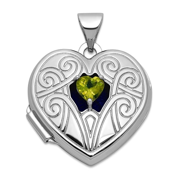 925 Sterling Silver Rhodium Plated Peridot August 18mm Love Heart Locket Locket Necklace for Women
