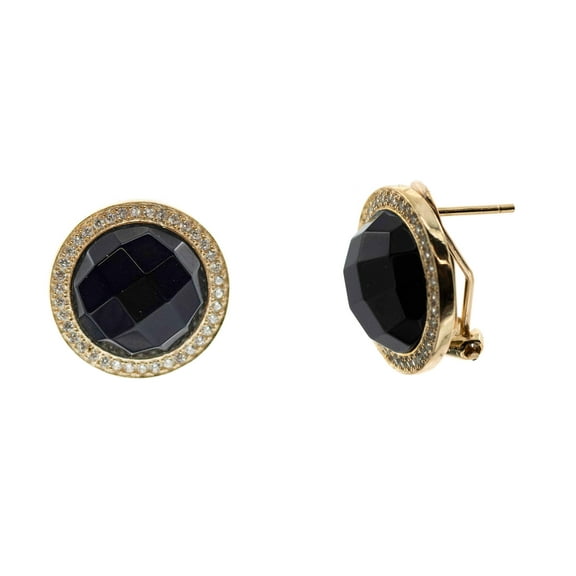 14k Gold-Plated Sterling Silver Round Black Onyx Omega-Clip Stud Earrings with Cubic Zirconia Bezel