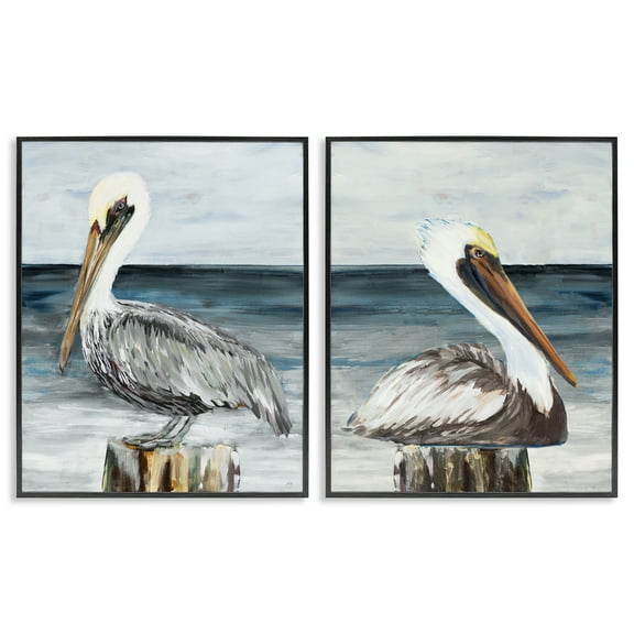 Stupell Industries Beachfront Pelican Log Animals Painting Black Framed Art Print Wall Art, 11 x 14, Set of 2