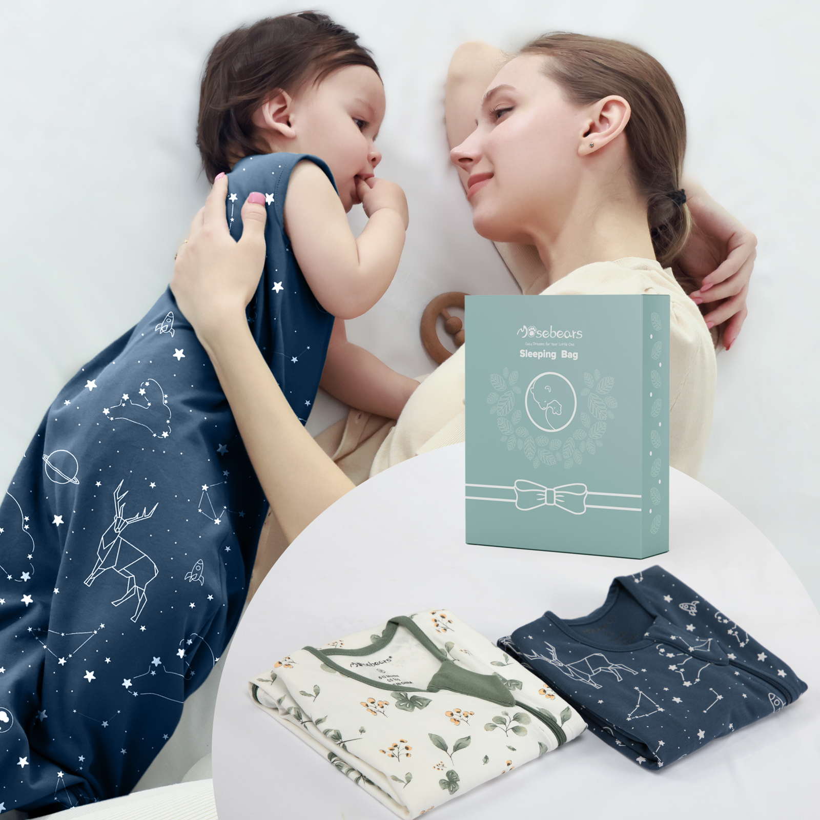 2Pcs Mosebears 0.5 Tog Baby Sleeping Bag - Cotton Summer Sleep Sack for Newborns, Boys & Girls(Plant&Blue,L(12-18 Months))