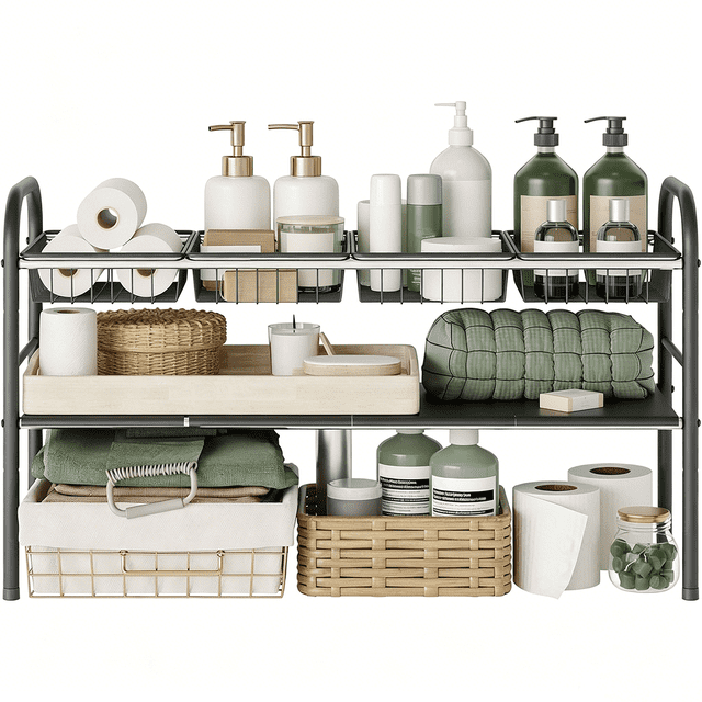 Organizador Debajo del Fregadero, 2 Niveles Organizador Expandible para Bajo Fregadero, Organizador de Cocina con 4 Paneles Metálicos Extraíbles y 4 cestas metálicas, Repisas Organizadoras (NE)