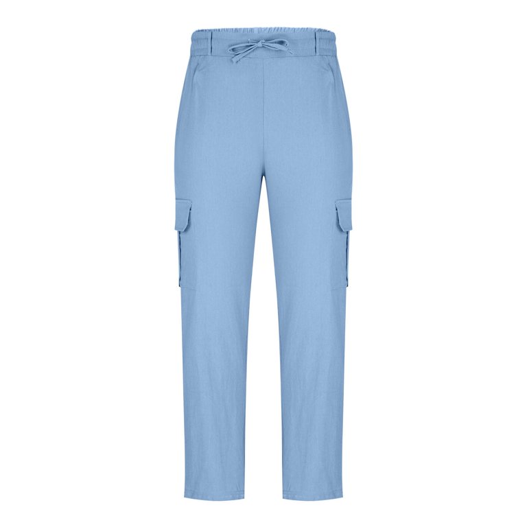 Dagegui Mens Linen Cargo Pants Summer Elastic Waist Drawstring