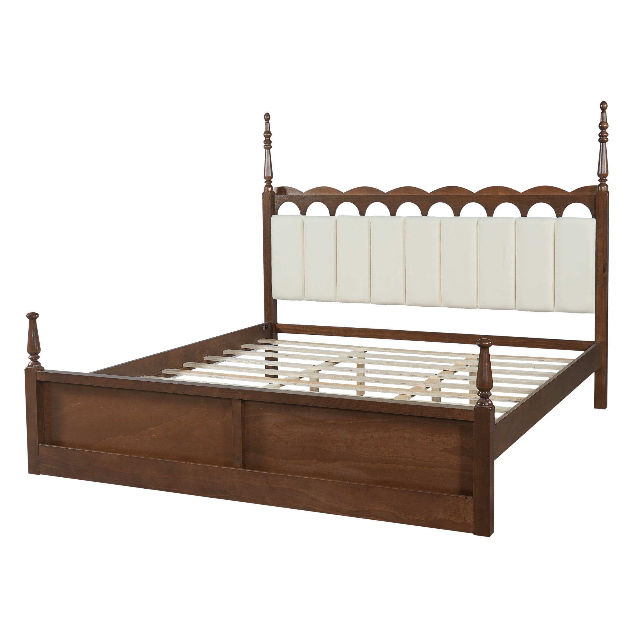 Christopher Knight Home King Wood Bed Frame with Scalloped Tufted Chenille Headboard, Brown+Beige