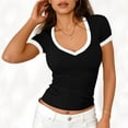 thumbnail image 5 of Ribbed Short Sleeve Tops for Women V Neck Ribbed Knit Color Block T Shirts Low Cut Fitted Casual Summer Basic Tees 2026 Black XL, 5 of 6