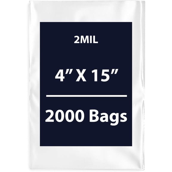 Clear Flat Poly Bags, 2Mil 4" X 15" & 2000 Bags | Low-Density Polyethylene (LDPE), Flat Open Top Plastic Packaging Packing | Flexible and Durable Plastic Bags
