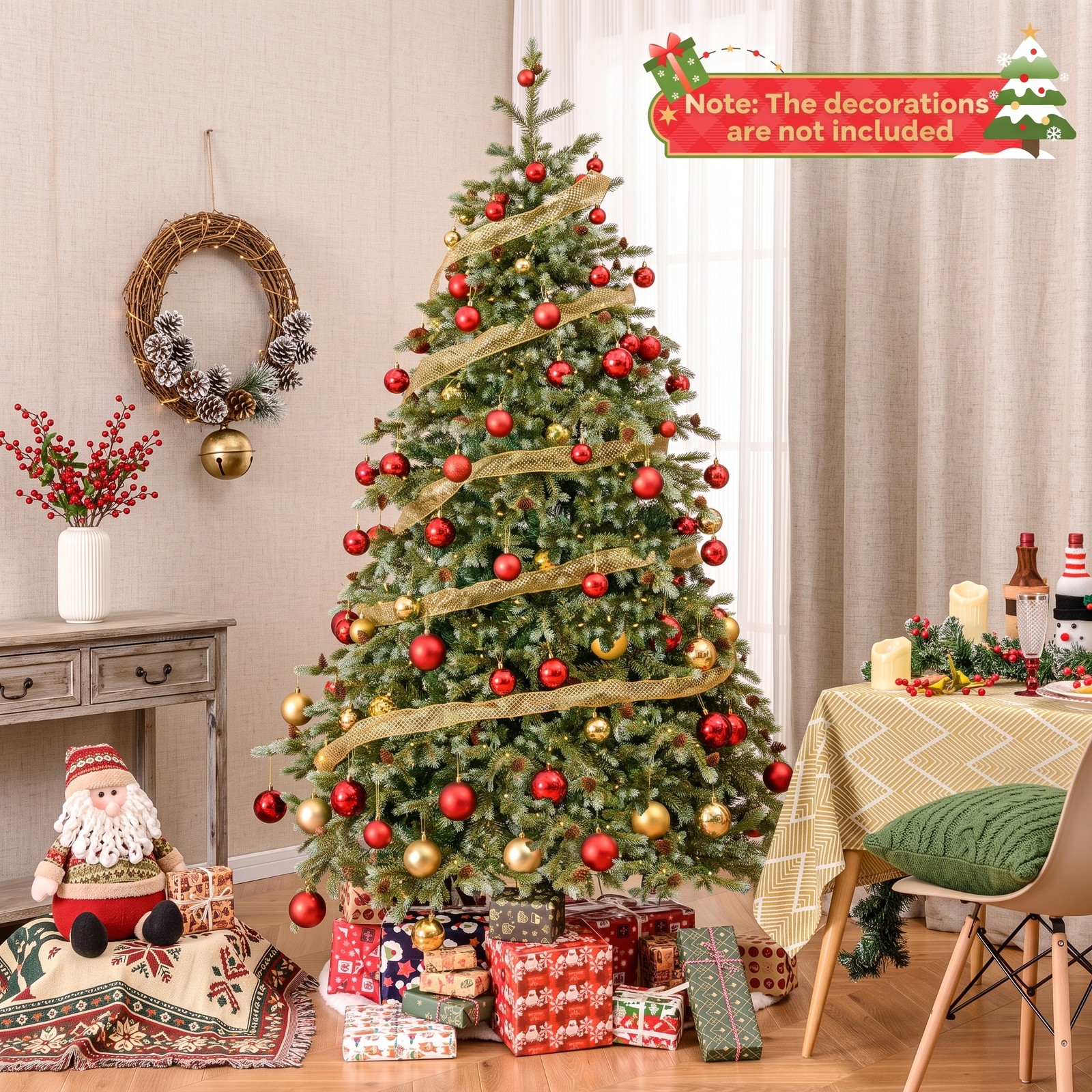 RUIE 7 FT Artificial Christmas Tree with 340 Warm White LED Lights and 69 Pine Cones, Pre-Lit Hinged Xmas Tree with Metal Stand for Home Office Holiday, Green