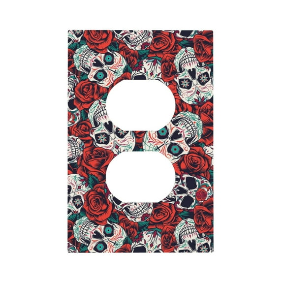 DouZhe 1-Gang Duplex Outlet Cover, Vintage Red Rose Skull Decorative Wall Plates