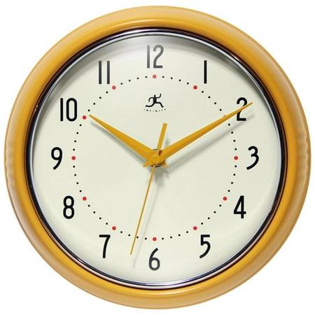 Glass Upright Clock - 9.5 in Round Wall Clock, Yellow Finish Case, Glass Lens, Second Hand, Silent Movement
