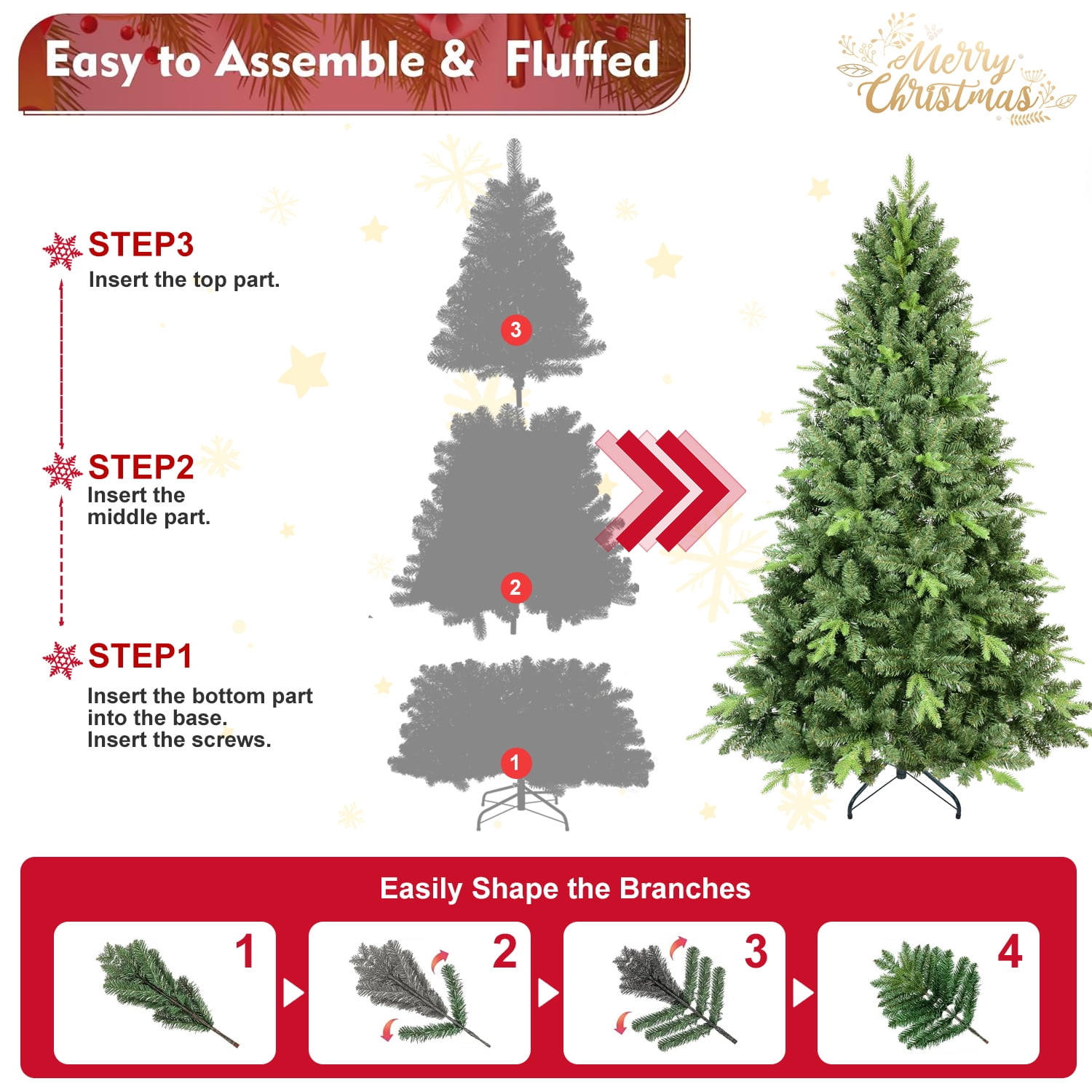 Resenkos 7ft Hinged Artificial Christmas Tree with Memory Wire Branches & Foldable Stand, Green