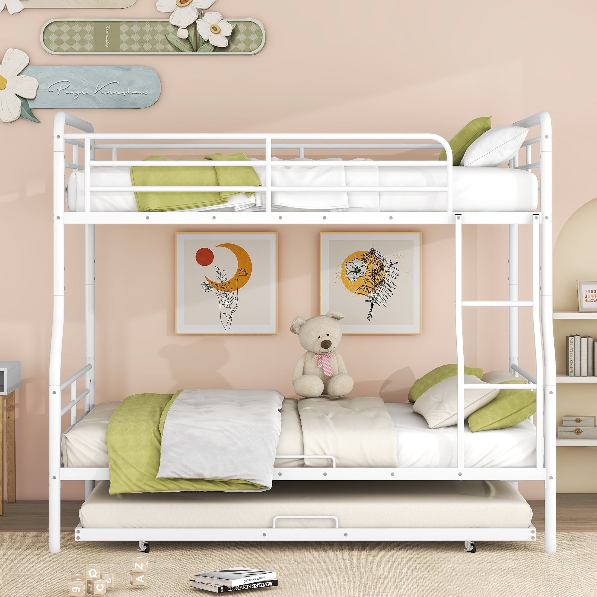 Aukfa Full XL over Queen Metal Bunk Bed with Trundle Bed for Teens, Adults, Dorm, White