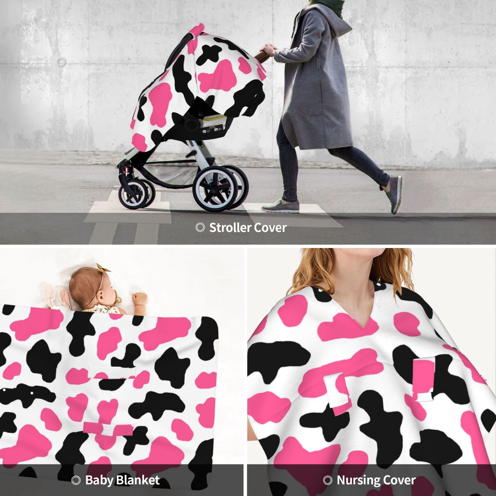 Car Seat Cover Baby - cute black pink cow print Breathable Infant Car Seat Cover for Baby Carseat, Lightweight Comfort Baby Essentials Must Haves Newborn Stuff for Girl Boy