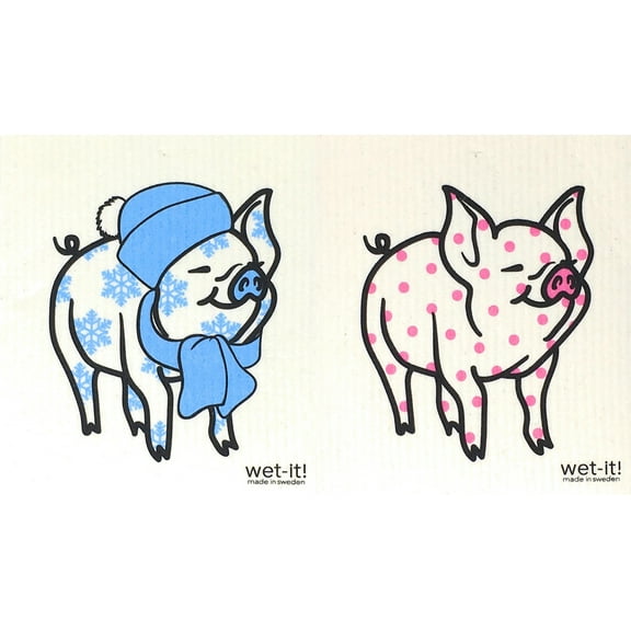 Wet-It! Swedish Treasures Dishcloth & Cleaning Cloth - Set of 2 - Winter Pig & Polka Pig - (Paper Towel Replacement)