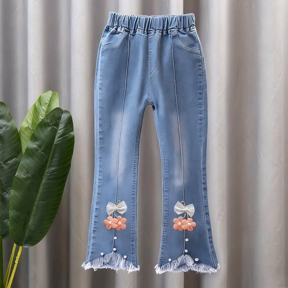 hengsof Girls Floral Hem Flare Denim Jeans for 2-13 Years, Slim Fit Casual Pants with Elastic Waist, Spring Summer Everyday Wear