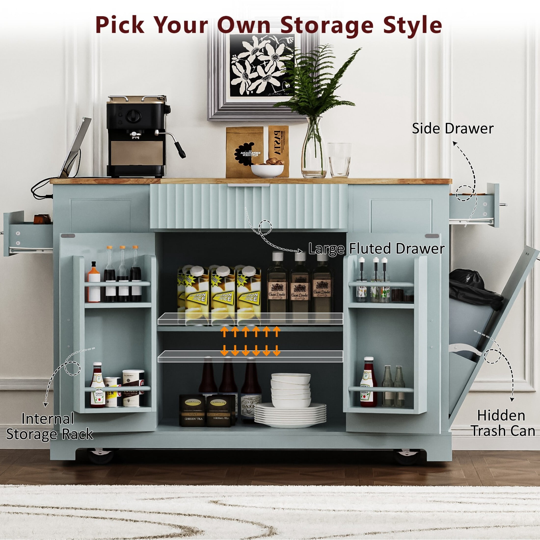 DEALTOPS 47.2'' Kitchen Island With Trash Can and Power Outlet, Rolling Kitchen Storage Cart with Open Shelves, Gray Blue