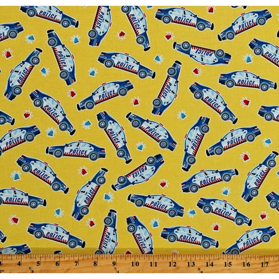 Cotton Police Cars Cops Law Enforcement Officers Sirens Flashing Lights Emergency Vehicles Save the Day Yellow Cotton Fabric Print by the Yard (9735GL-33)
