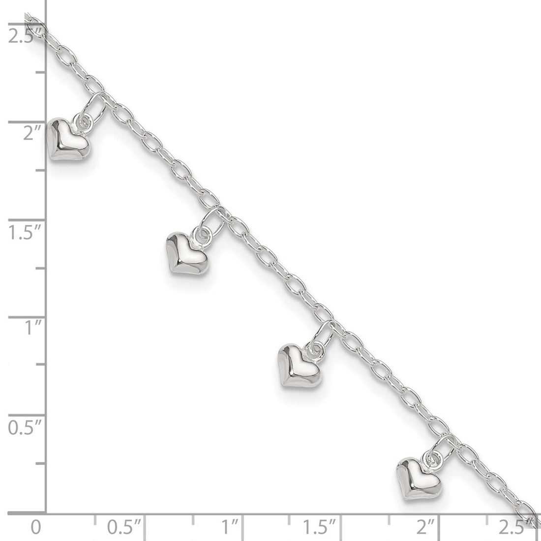 925 Sterling Silver Fancy Lobster Closure Polished Puffed Love Heart Anklet 2mm Wide Anklet for Women