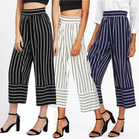 Striped Wide Leg Pants - Newly Summer Fashion Causal Women Ladies Pants Striped Loose High Waist Wide Leg Pants