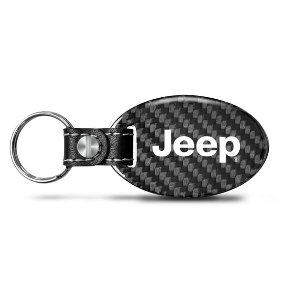 Jeep Real Carbon Fiber Large Oval Shape with Black Leather Strap Key Chain