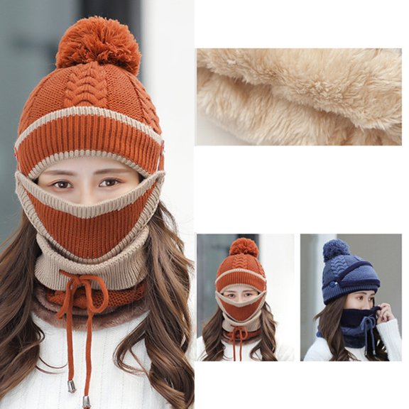 SPRING PARK 3Pcs/Set Women's Winter Woolen Knitted Fluffy Ball Beanie Cap Casual Warm Mask Neck Scarf