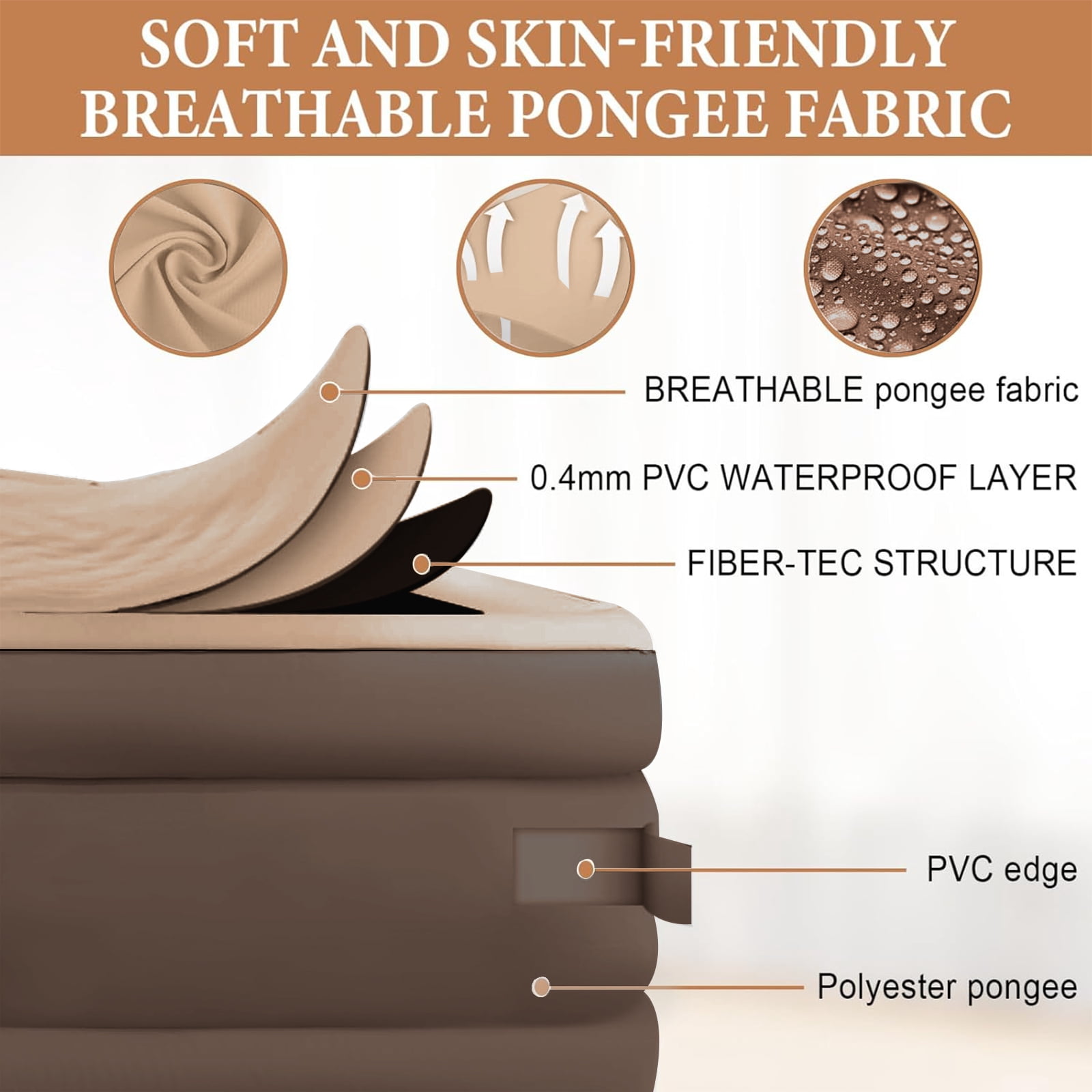StarZe 18in Air Mattress Queen with Built in Pump and Headboard,Inflatable Portable Mattress for Home, Camping & Guests,Brown