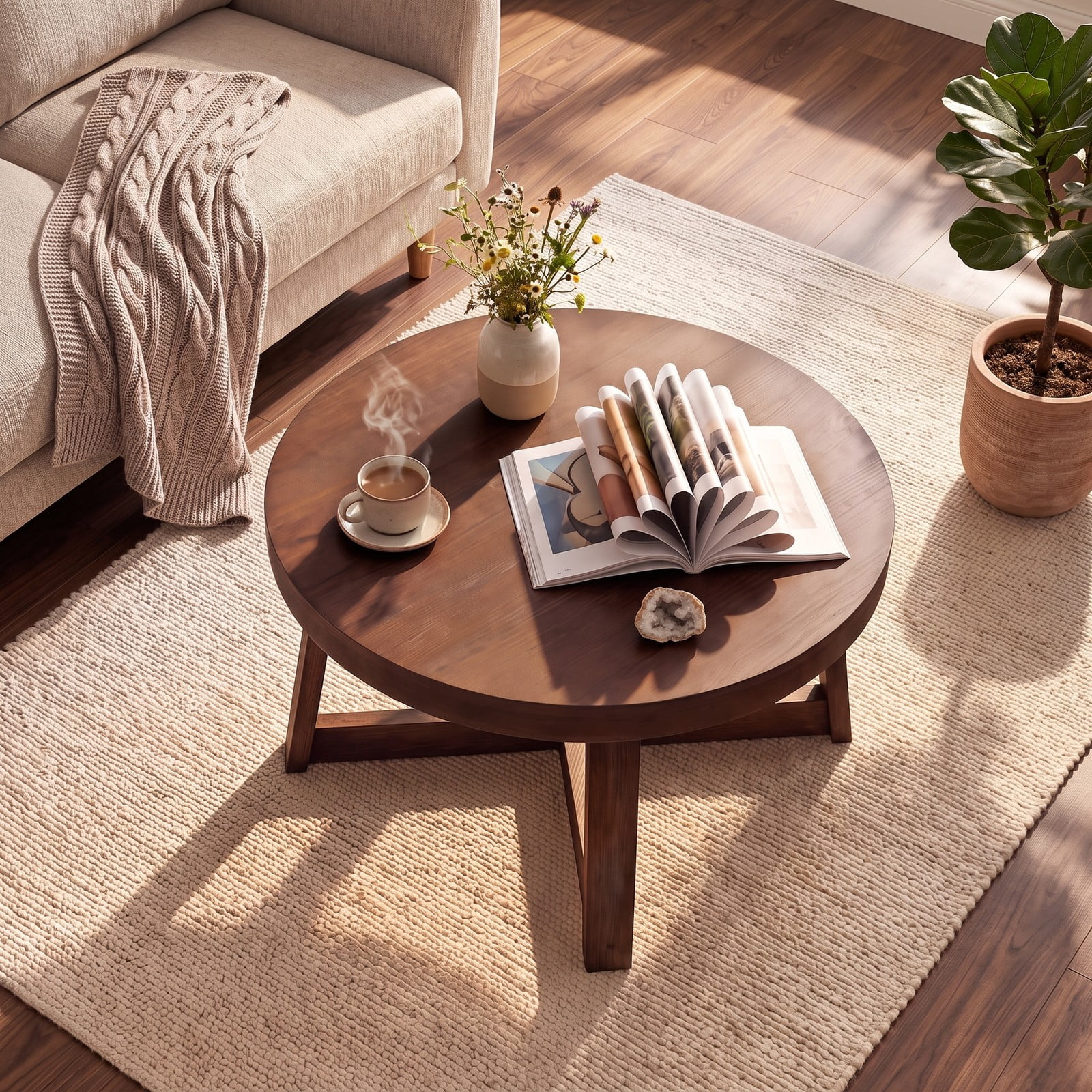 Furnibear Round Coffee Table for Living Room, 30 Inch Farmhouse Accent Table with Solid Rubber Wood Legs, X-Shaped Base, Round Center Cocktail Table for, Walnut