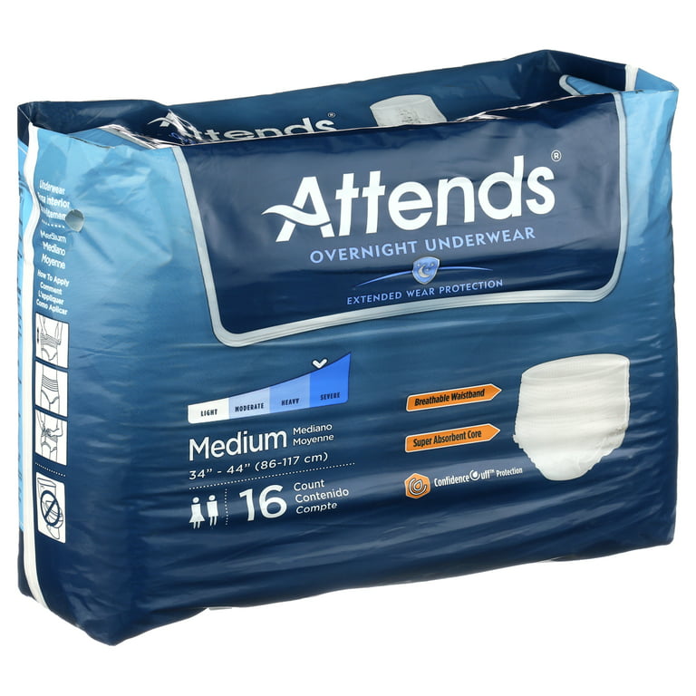 Attends Overnight Underwear for Adult Incontinence Care with  ConfidenceCuff™ Protection, Overnight Absorbency, Unisex, Medium, 16 count  (x4)