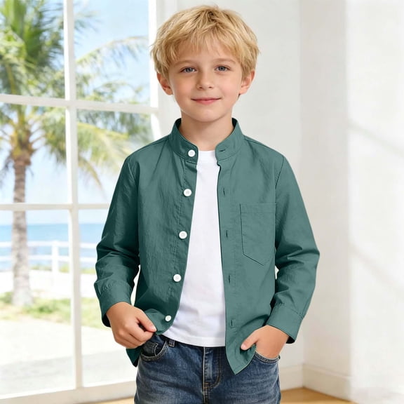 CAIVO Child Boys Shirt Solid Color Long Sleeve Toddler Kids Gentleman Lapel Stand Collar Tops Blouses For Child , Dark Green