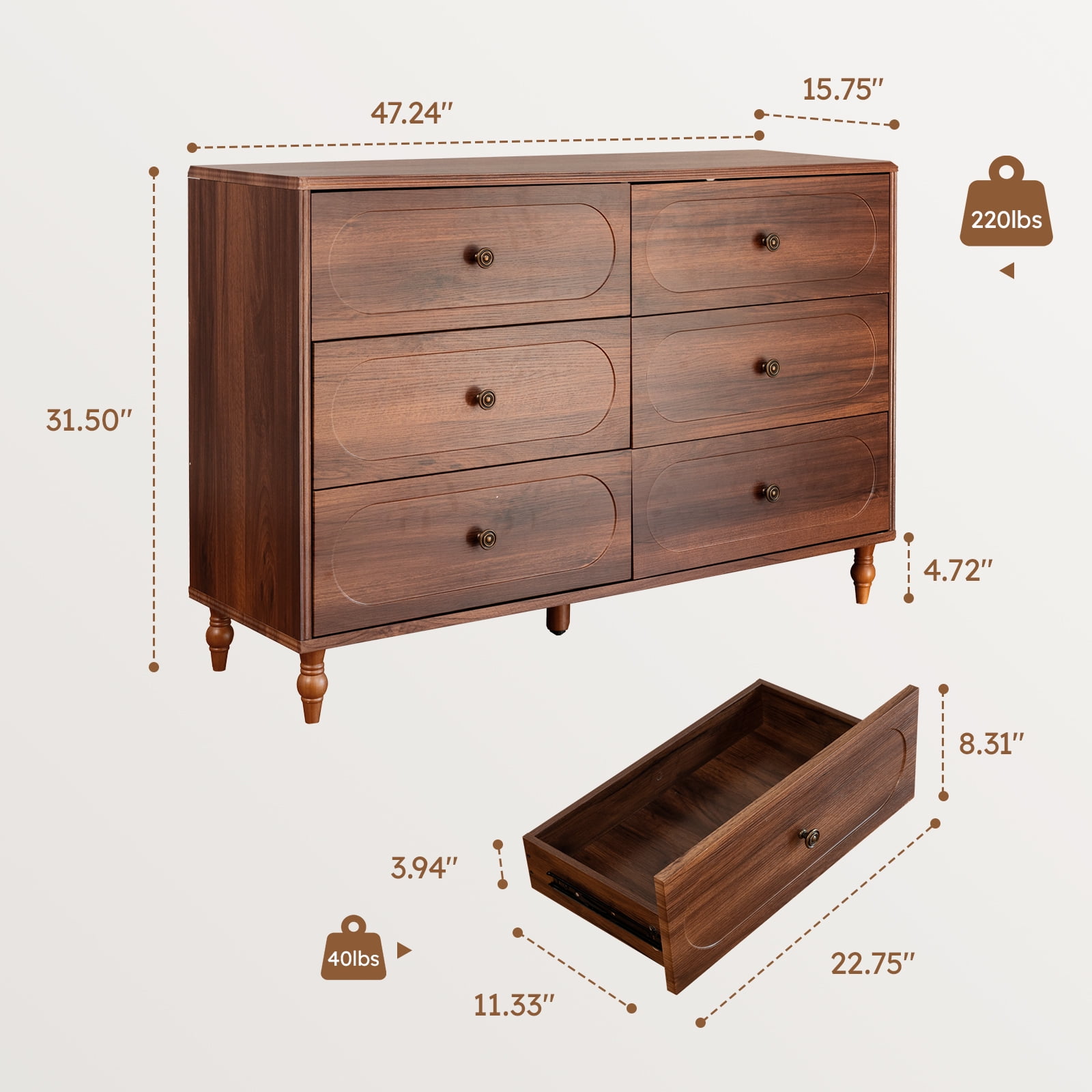 BERRY NEST 6 Drawer Dresser for Bedroom, 47" Wide Mid-Century Chest of Drawers with Solid Wood Legs, Dark Walnut Wood Dresser with 6 Storage Drawers for Bedroom, Living Room, TV Stand