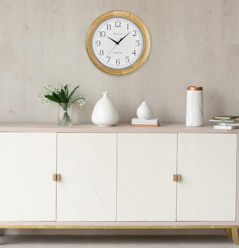 Bulova Wooden Atomic analog wall clock, C5005 Atomic Time 2, sets automatically, quartz battery.