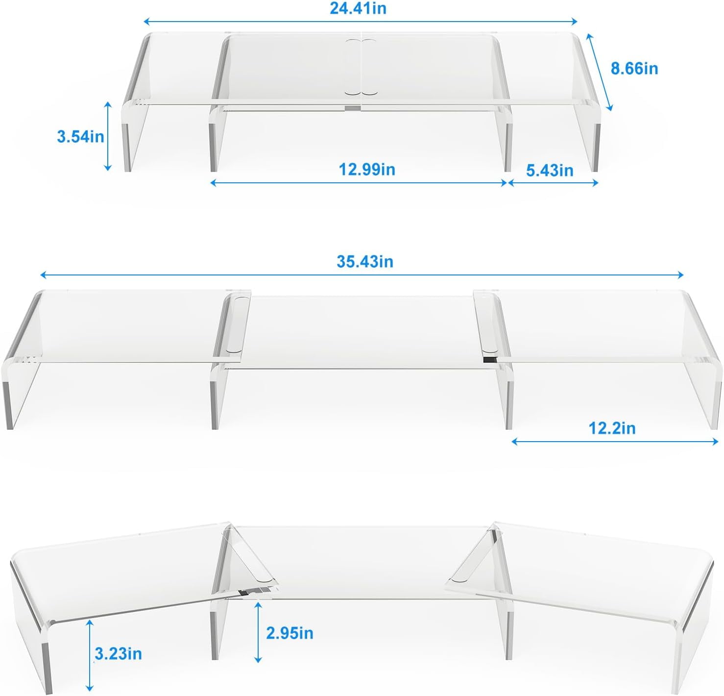 X-cosrack Clear Acrylic Monitor Stand Riser, 3 Shelves Adjustable Dual Monitor Stand with Anti-Slip Mat, Premium Desk Organizer for Home Office, Laptops, PCs, Printers, TVs
